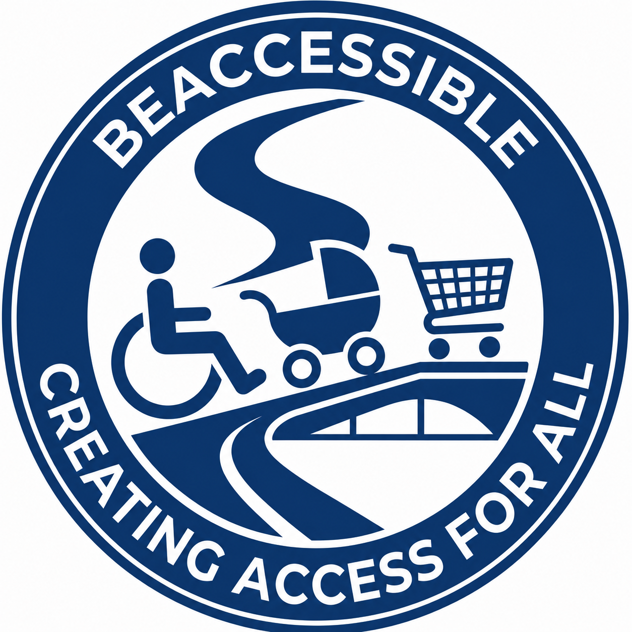 BeAccessible logo — circular badge with wheelchair user, pram, shopping trolley, and accessibility ramp icons, text reads BEACCESSIBLE CREATING ACCESS FOR ALL